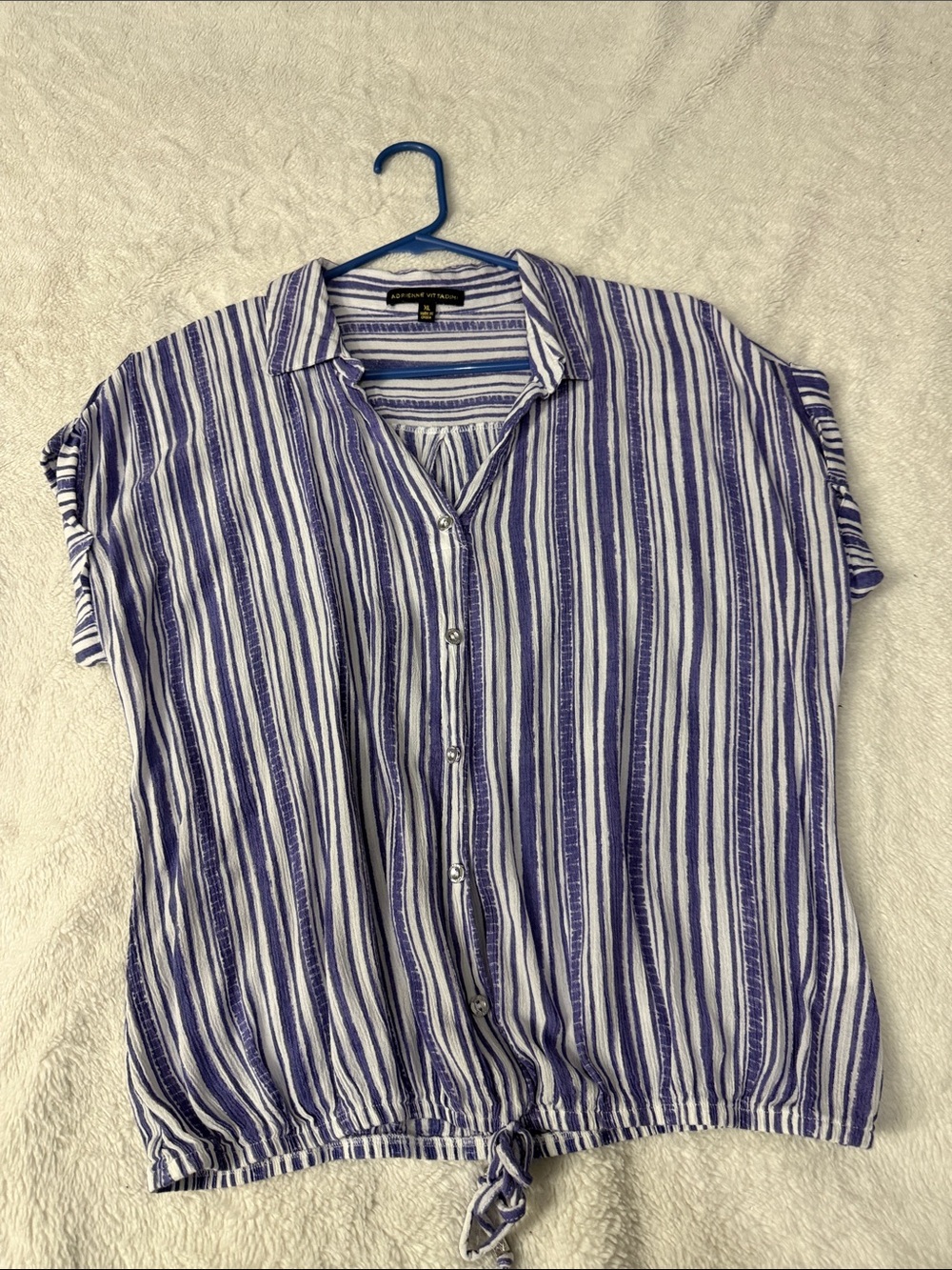 Adrienne Vittadini Blue and White Striped Tie-Hem Button Shirt